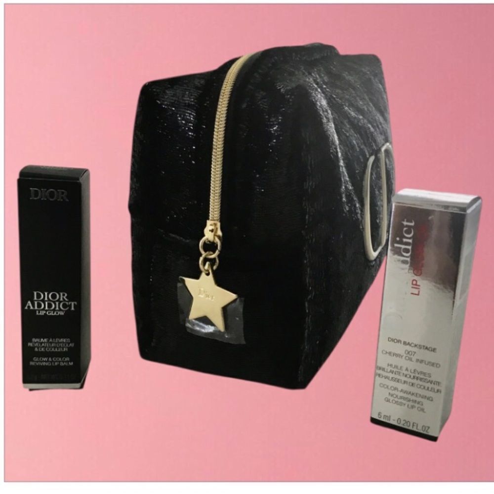 Dior Black Cosmetic Bag with Lip Glow and Lip Glow Oil with Gold Logo - Picture 4 of 4